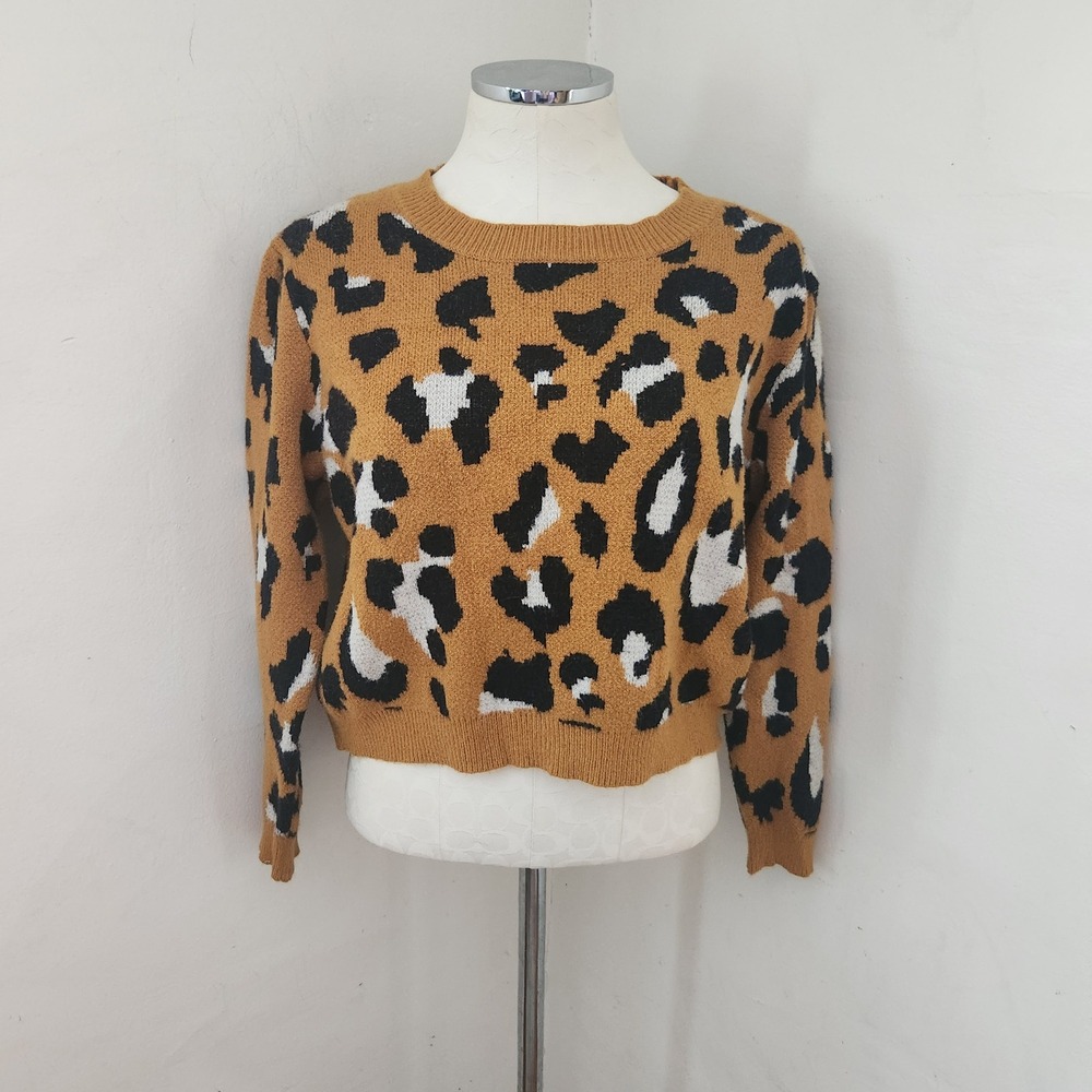 Dreamers Leopard Print Knit‎ Crewneck Sweater Gold Yellow Black M